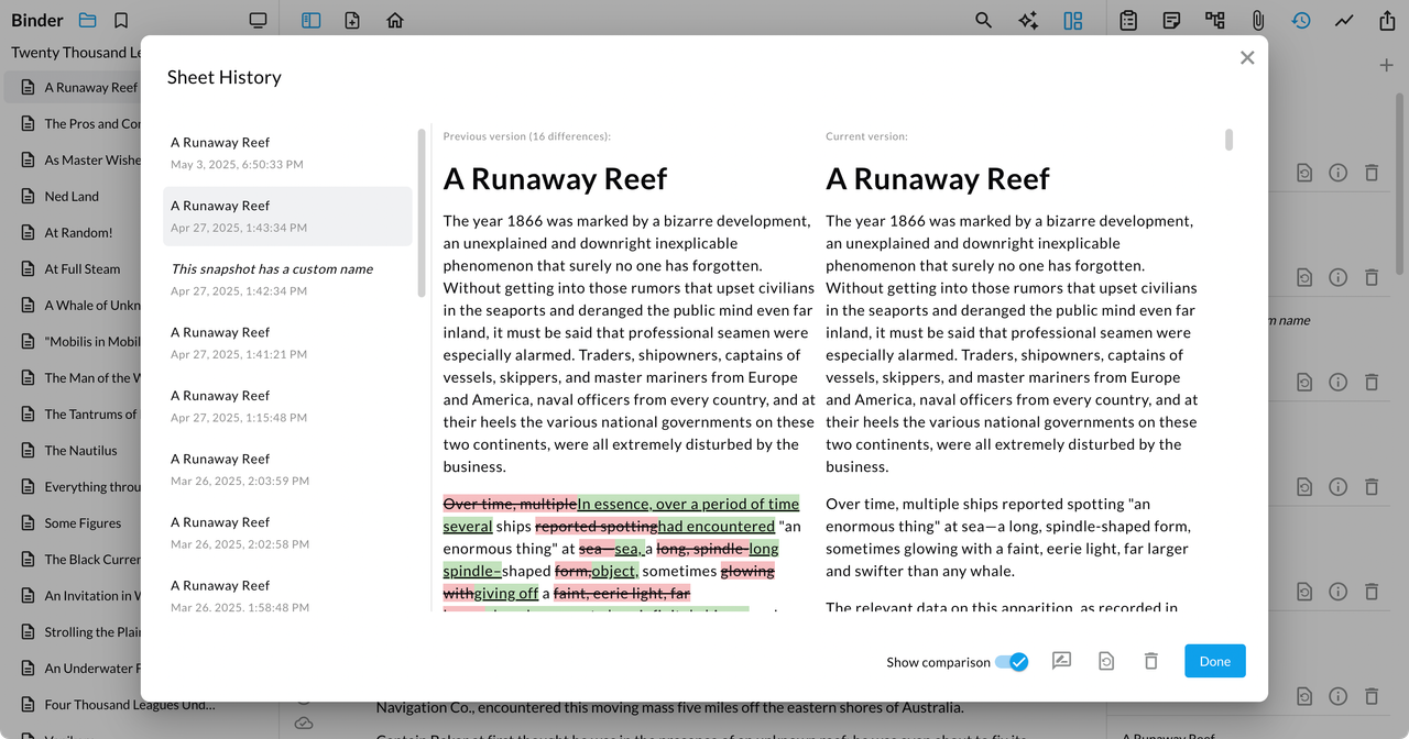 snapshot comparison view